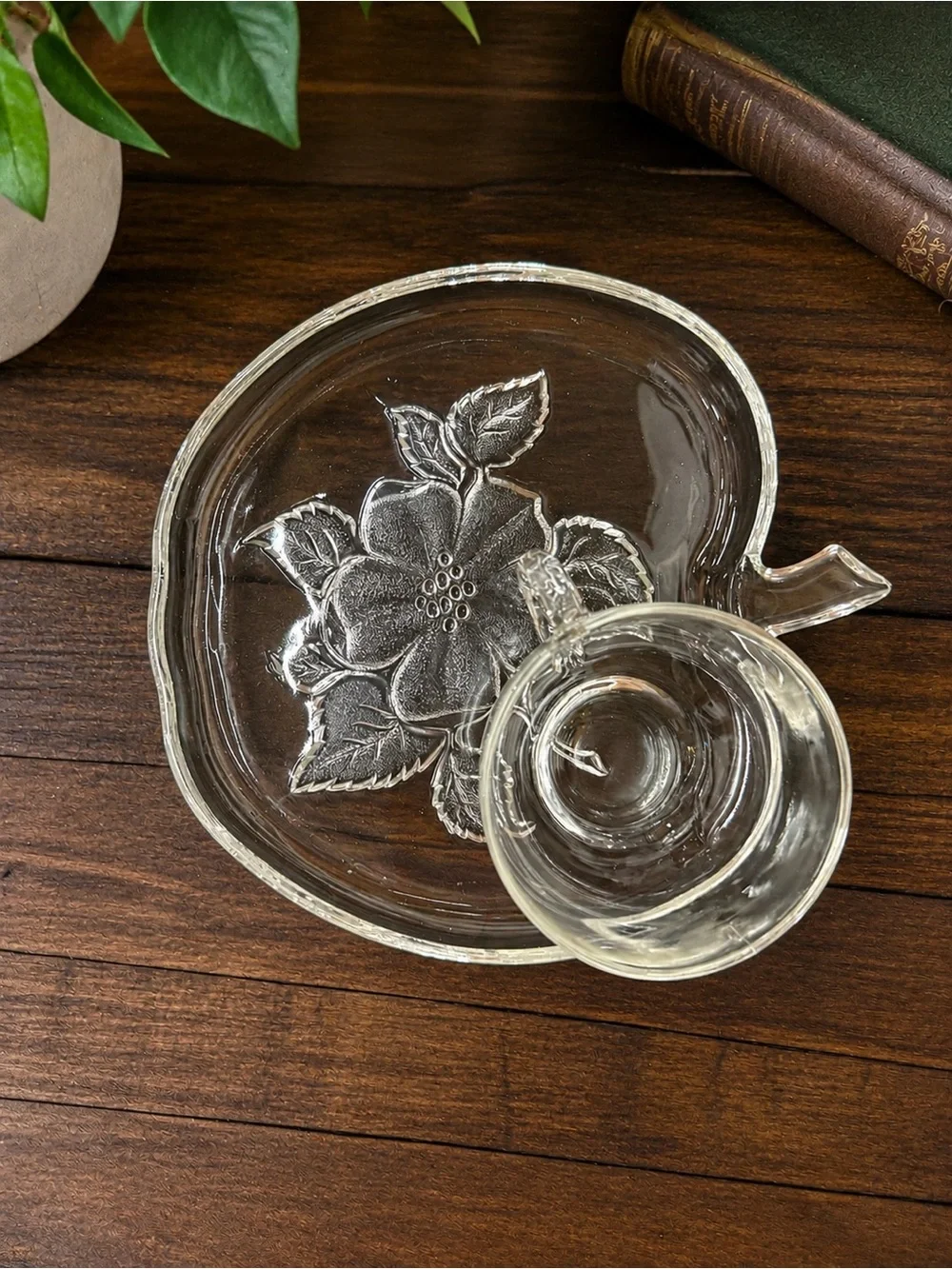 Vintage Clear Glass Apple Shaped Snack Tray & Cup Set Embossed Floral